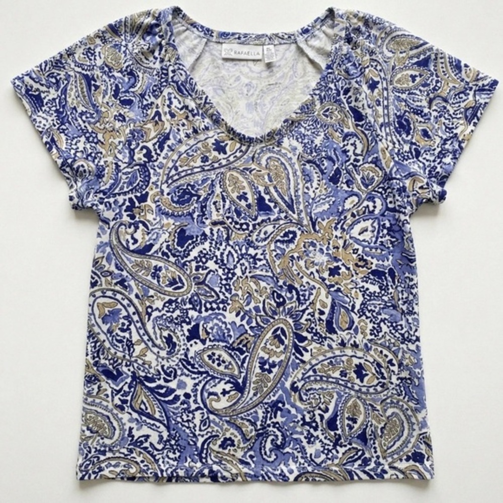 Rafaella Blue and Tan Paisley V-Neck Short Sleeve Top